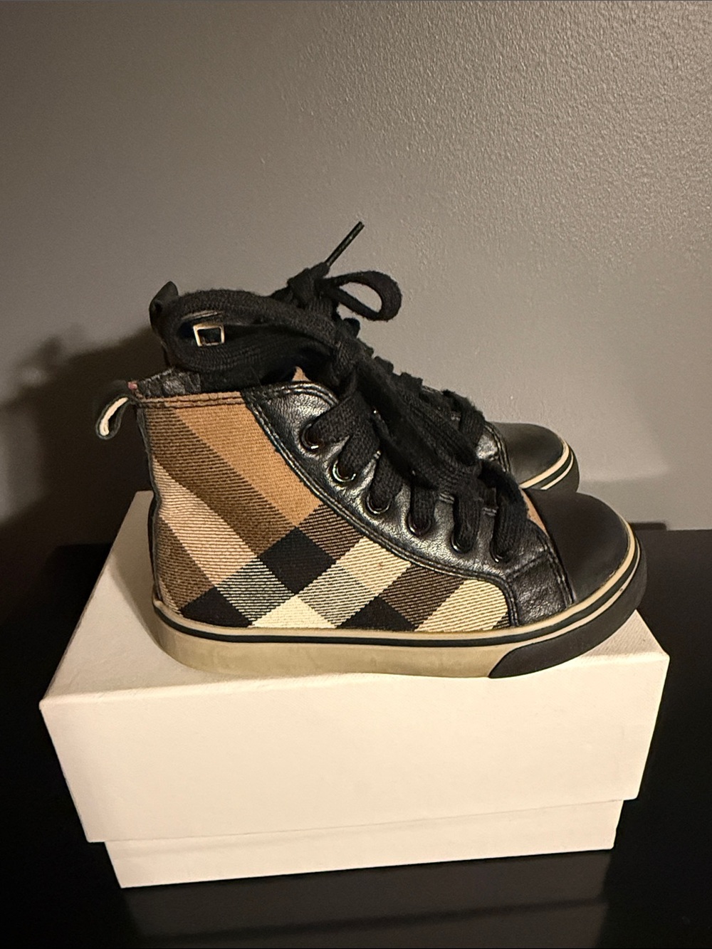 Burberry Kids Plaid High-Top Sneakers in Black, Brown and Cream